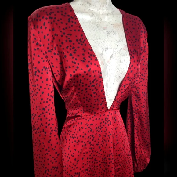 Deep Plunge Animal Print Mini Dress Red and Black Small - Picture 3 of 5